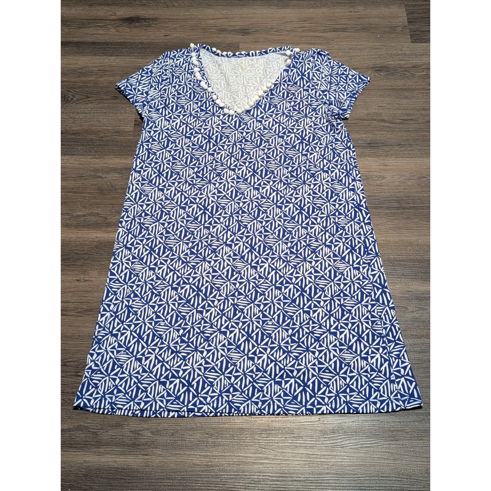 Lilly Pulitzer Etta Dress‎ Corsica Blue Easy Peasy Pom Pom V-Neck Cotton Large